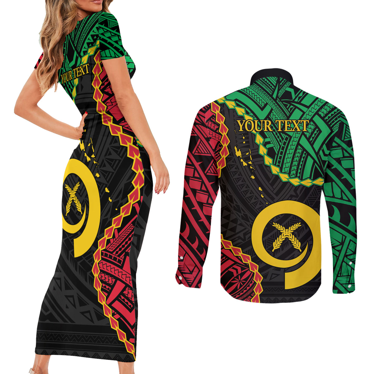 Personalised Vanuatu 44th Anniversary Couples Matching Short Sleeve Bodycon Dress and Long Sleeve Button Shirt Tugeta Yumi Selebretem Indipendens Dei