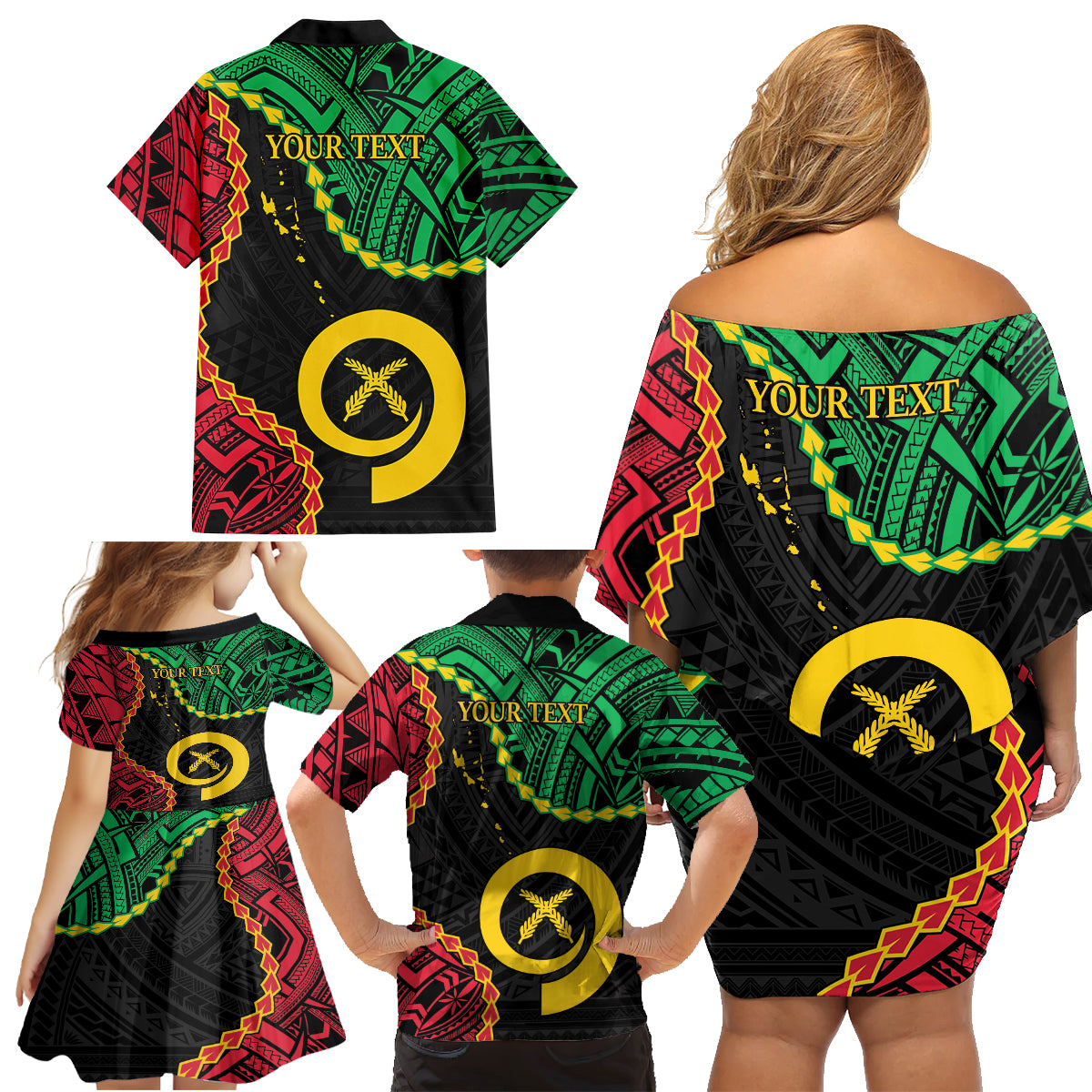 Personalised Vanuatu 44th Anniversary Family Matching Off Shoulder Short Dress and Hawaiian Shirt Tugeta Yumi Selebretem Indipendens Dei