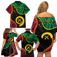 Personalised Vanuatu 44th Anniversary Family Matching Off Shoulder Short Dress and Hawaiian Shirt Tugeta Yumi Selebretem Indipendens Dei