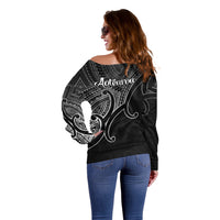 Aotearoa Maori Koru Off Shoulder Sweater Polynesian Pacific Tribal - Black LT9 - Polynesian Pride