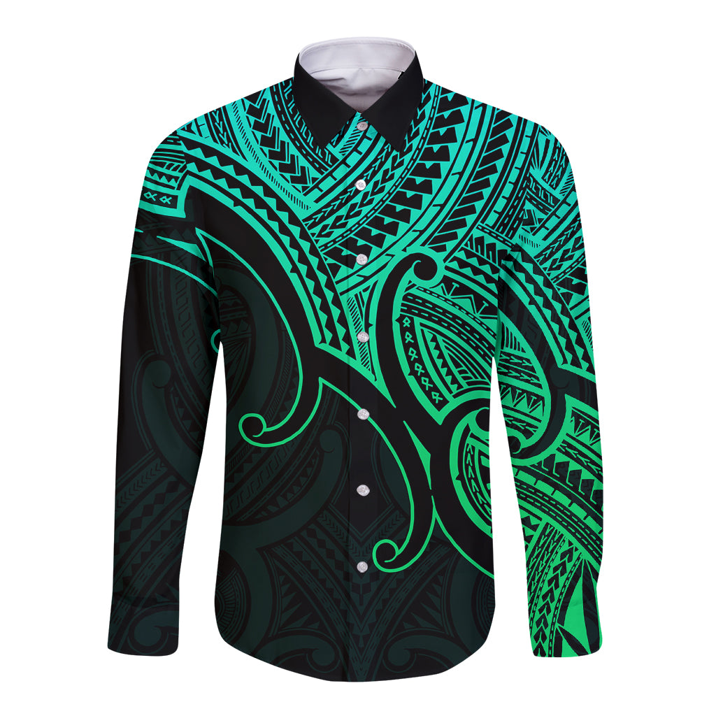 Aotearoa Maori Koru Long Sleeve Button Shirt Polynesian Pacific Tribal - Green LT9 Unisex Green - Polynesian Pride