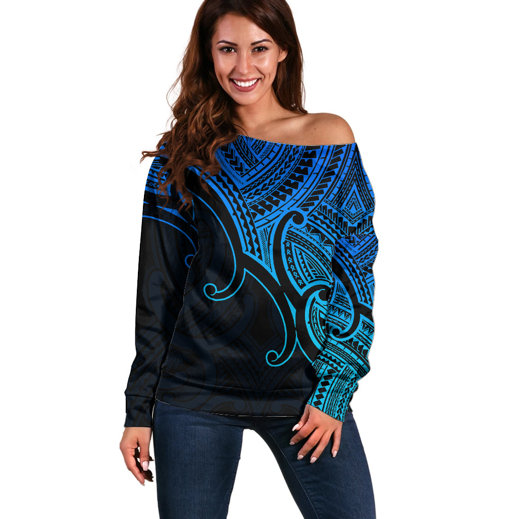 Custom Aotearoa Maori Koru Off Shoulder Sweater Polynesian Pacific Tribal - Blue LT9 Women Blue - Polynesian Pride