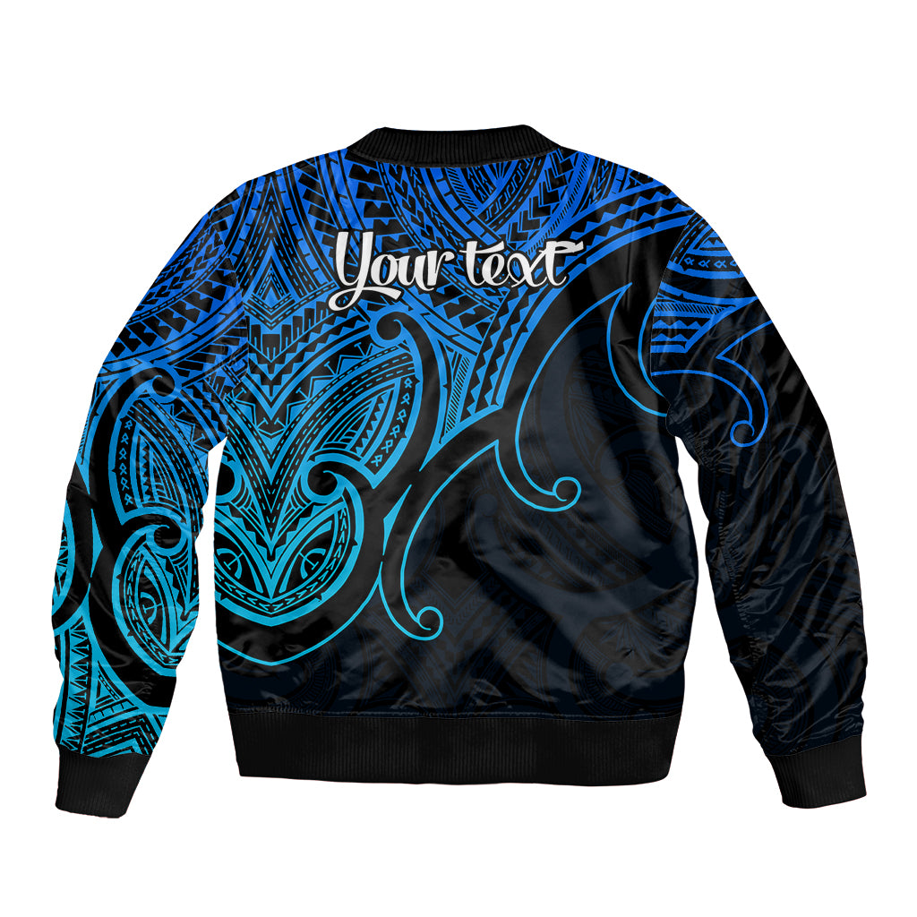 Custom Aotearoa Maori Koru Sleeve Zip Bomber Jacket Polynesian Pacific Tribal - Blue LT9 - Polynesian Pride