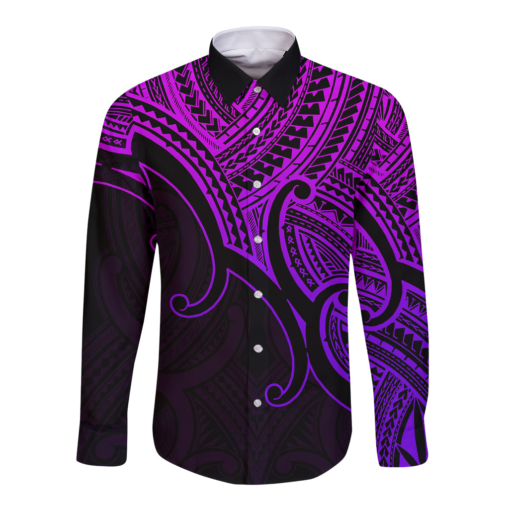 Custom Aotearoa Maori Koru Long Sleeve Button Shirt Polynesian Pacific Tribal - Purple LT9 Unisex Purple - Polynesian Pride