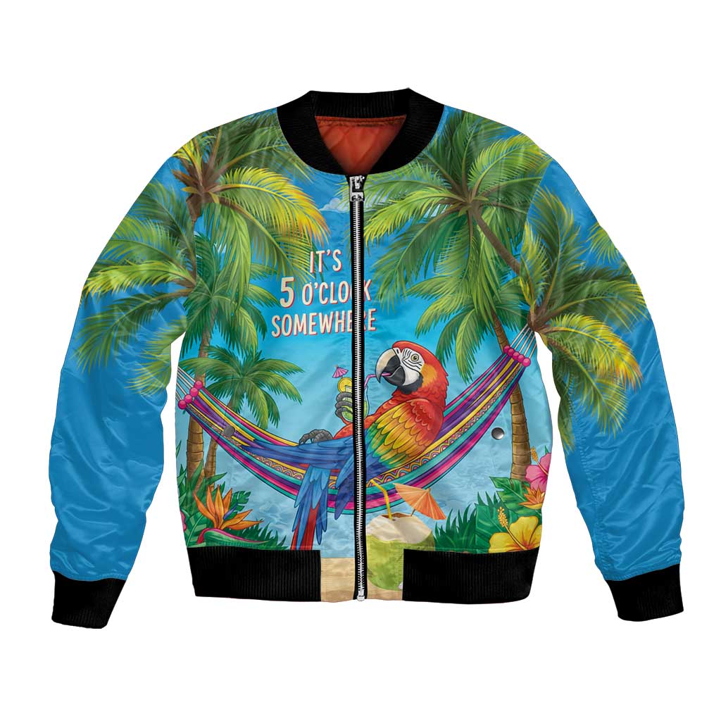 5 Oclock Somewhere Bomber Jacket Hawaii Parrots Cocktail Summer Beach Vibe - Polynesian Pride