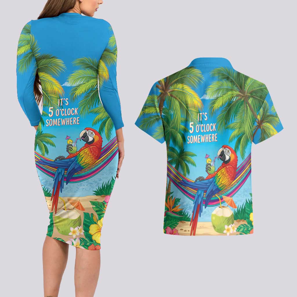 5 Oclock Somewhere Couples Matching Long Sleeve Bodycon Dress and Hawaiian Shirt Hawaii Parrots Cocktail Summer Beach Vibe - Polynesian Pride