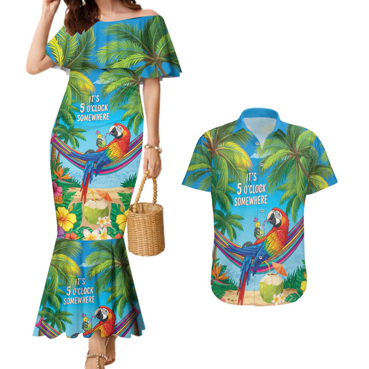 5 Oclock Somewhere Couples Matching Mermaid Dress and Hawaiian Shirt Hawaii Parrots Cocktail Summer Beach Vibe - Polynesian Pride
