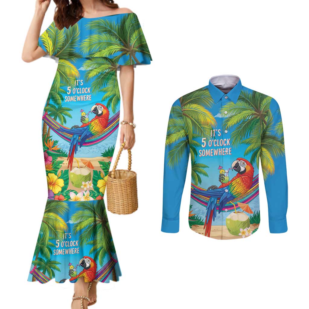 5 Oclock Somewhere Couples Matching Mermaid Dress and Long Sleeve Button Shirt Hawaii Parrots Cocktail Summer Beach Vibe LT9 Blue - Polynesian Pride