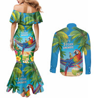5 Oclock Somewhere Couples Matching Mermaid Dress and Long Sleeve Button Shirt Hawaii Parrots Cocktail Summer Beach Vibe LT9 - Polynesian Pride