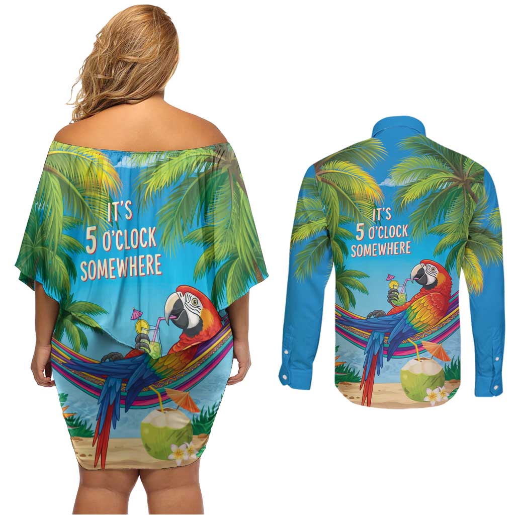 5 Oclock Somewhere Couples Matching Off Shoulder Short Dress and Long Sleeve Button Shirt Hawaii Parrots Cocktail Summer Beach Vibe LT9 - Polynesian Pride