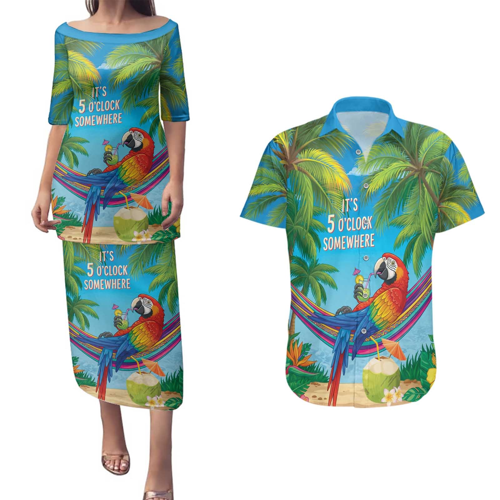 5 Oclock Somewhere Couples Matching Puletasi and Hawaiian Shirt Hawaii Parrots Cocktail Summer Beach Vibe - Polynesian Pride