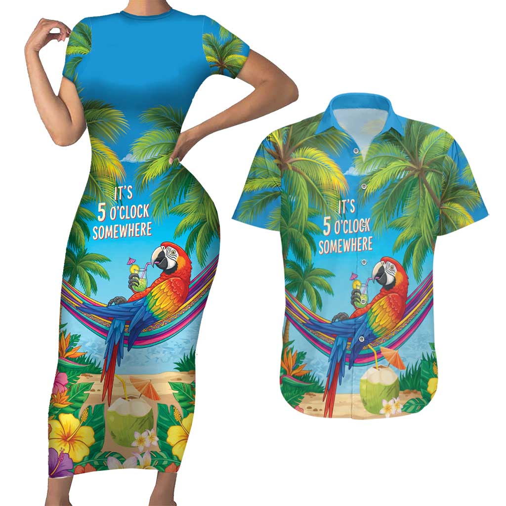 5 Oclock Somewhere Couples Matching Short Sleeve Bodycon Dress and Hawaiian Shirt Hawaii Parrots Cocktail Summer Beach Vibe - Polynesian Pride