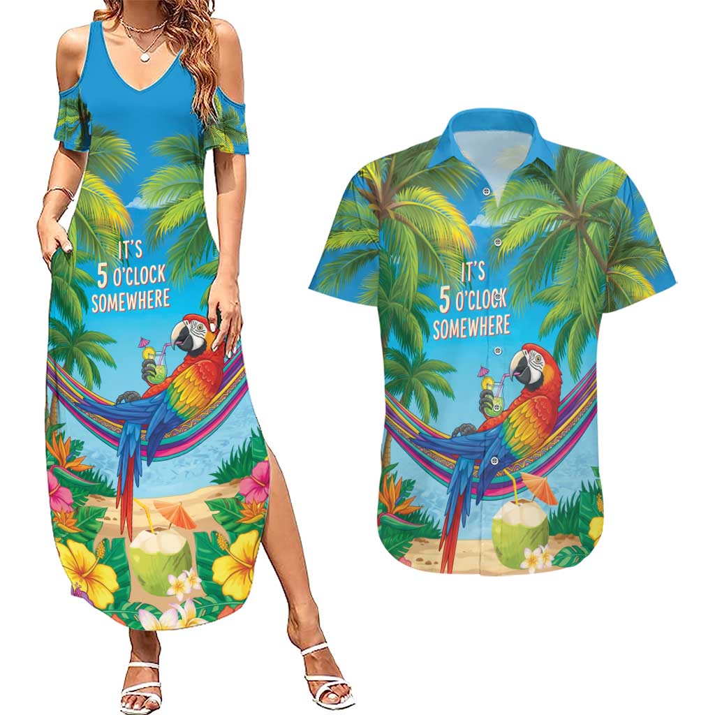 5 Oclock Somewhere Couples Matching Summer Maxi Dress and Hawaiian Shirt Hawaii Parrots Cocktail Summer Beach Vibe - Polynesian Pride