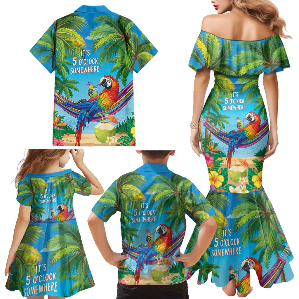5 Oclock Somewhere Family Matching Mermaid Dress and Hawaiian Shirt Hawaii Parrots Cocktail Summer Beach Vibe - Polynesian Pride