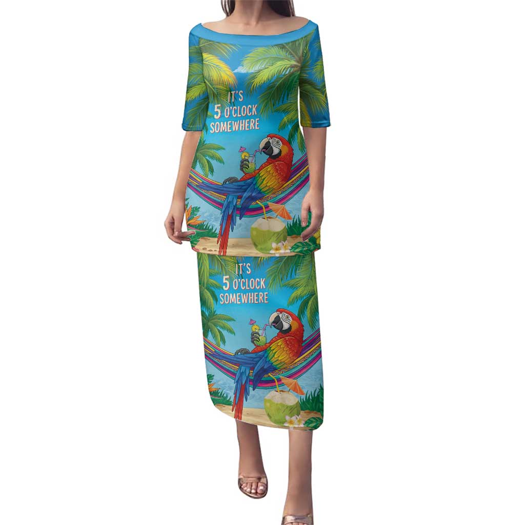 5 Oclock Somewhere Family Matching Puletasi and Hawaiian Shirt Hawaii Parrots Cocktail Summer Beach Vibe - Polynesian Pride