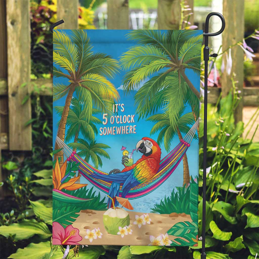 5 Oclock Somewhere Garden Flag Hawaii Parrots Cocktail Summer Beach Vibe - Polynesian Pride
