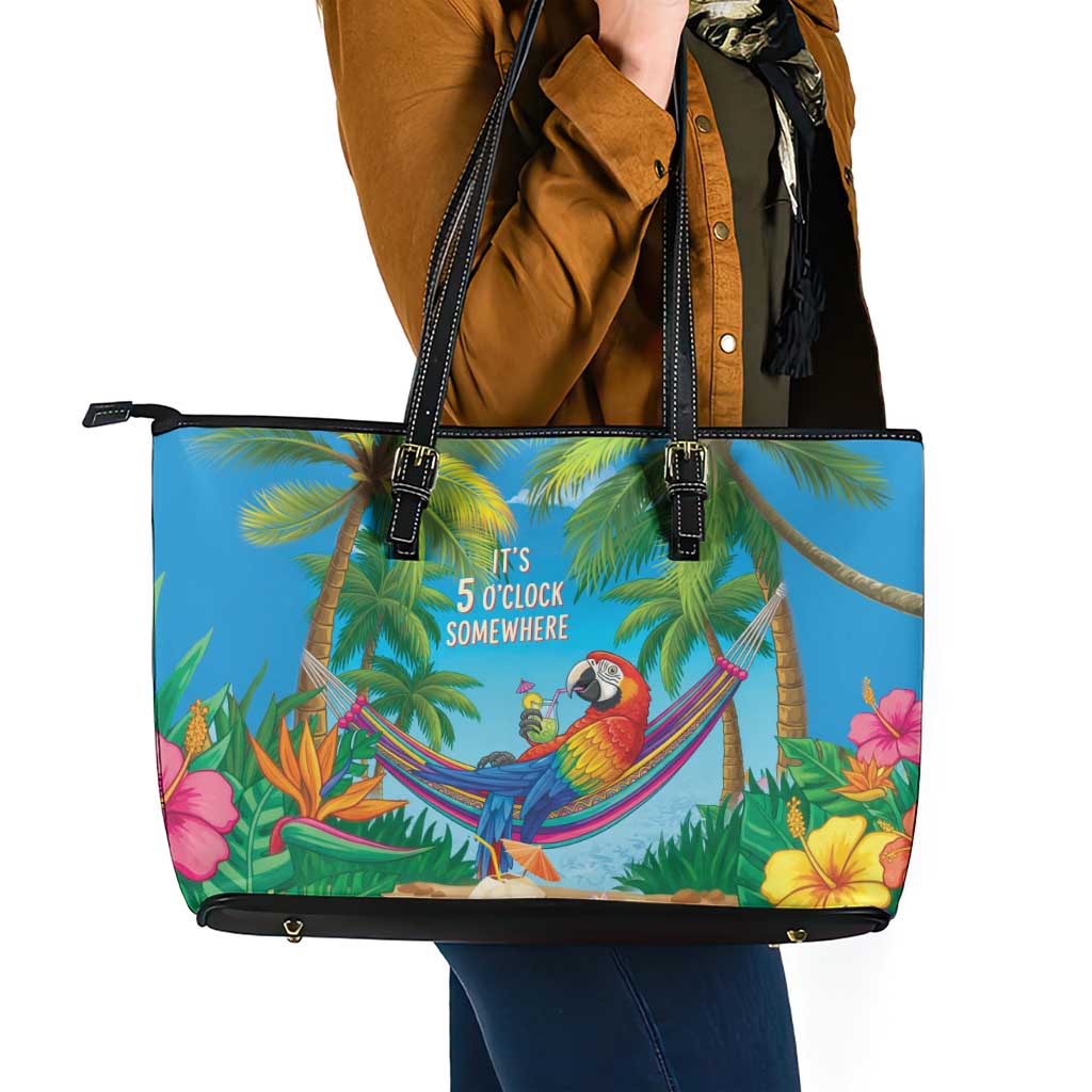 5 Oclock Somewhere Leather Tote Bag Hawaii Parrots Cocktail Summer Beach Vibe - Polynesian Pride