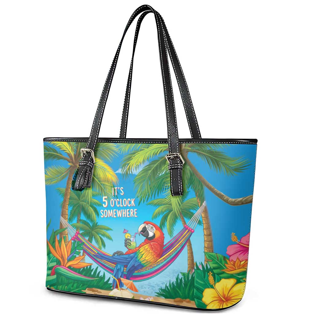 5 Oclock Somewhere Leather Tote Bag Hawaii Parrots Cocktail Summer Beach Vibe - Polynesian Pride