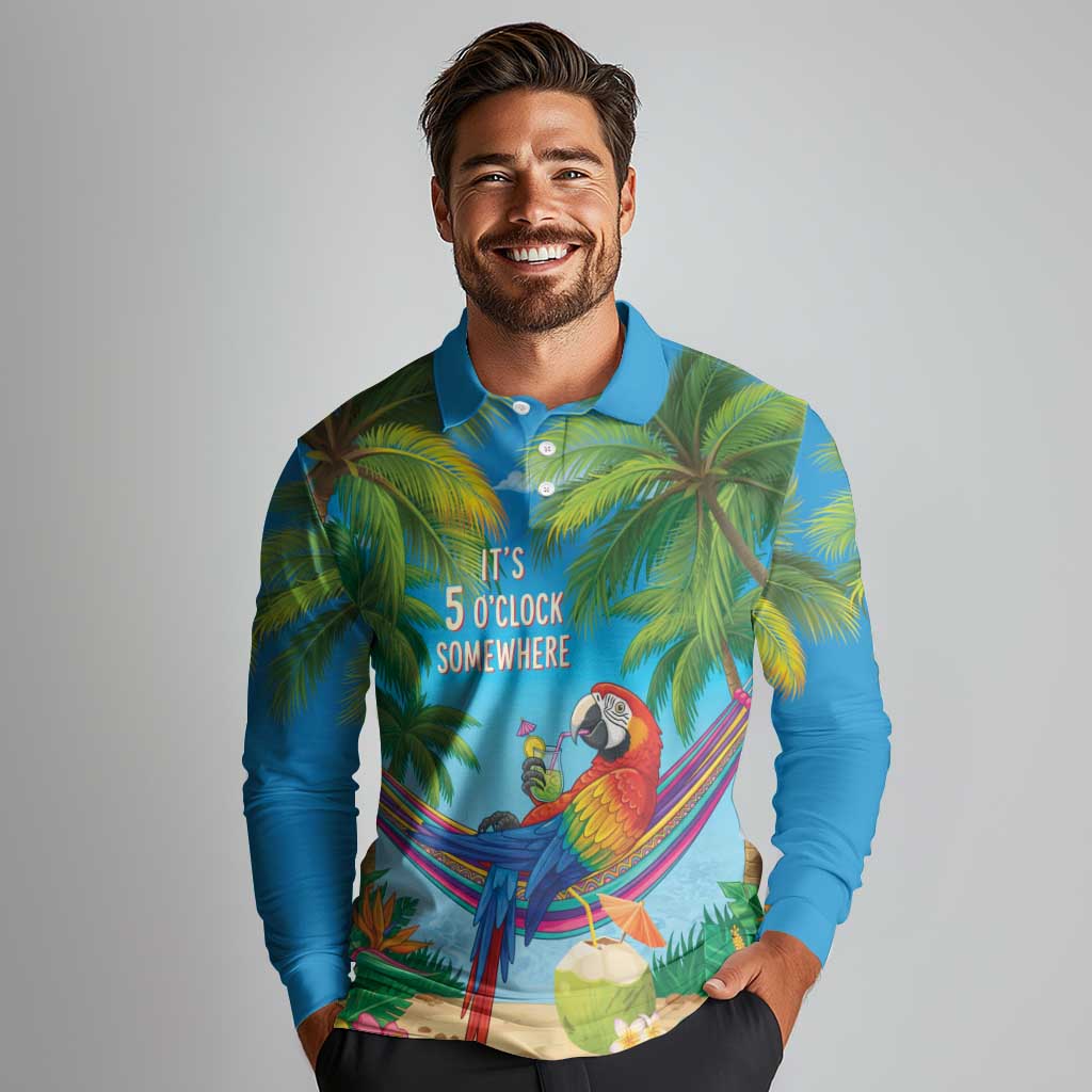 5 Oclock Somewhere Long Sleeve Polo Shirt Hawaii Parrots Cocktail Summer Beach Vibe - Polynesian Pride