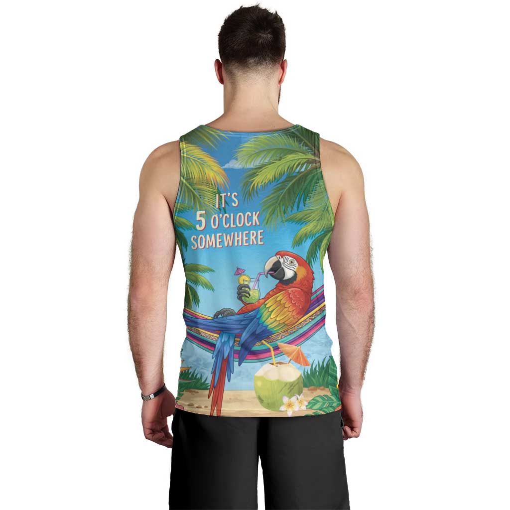 5 Oclock Somewhere Men Tank Top Hawaii Parrots Cocktail Summer Beach Vibe - Polynesian Pride