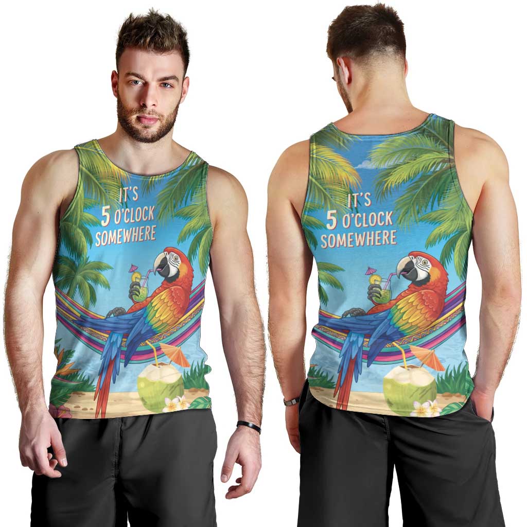 5 Oclock Somewhere Men Tank Top Hawaii Parrots Cocktail Summer Beach Vibe - Polynesian Pride