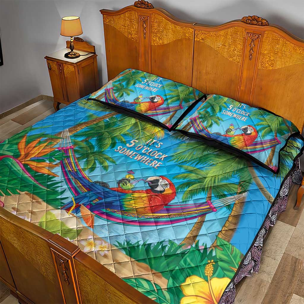 5 Oclock Somewhere Quilt Bed Set Hawaii Parrots Cocktail Summer Beach Vibe - Polynesian Pride