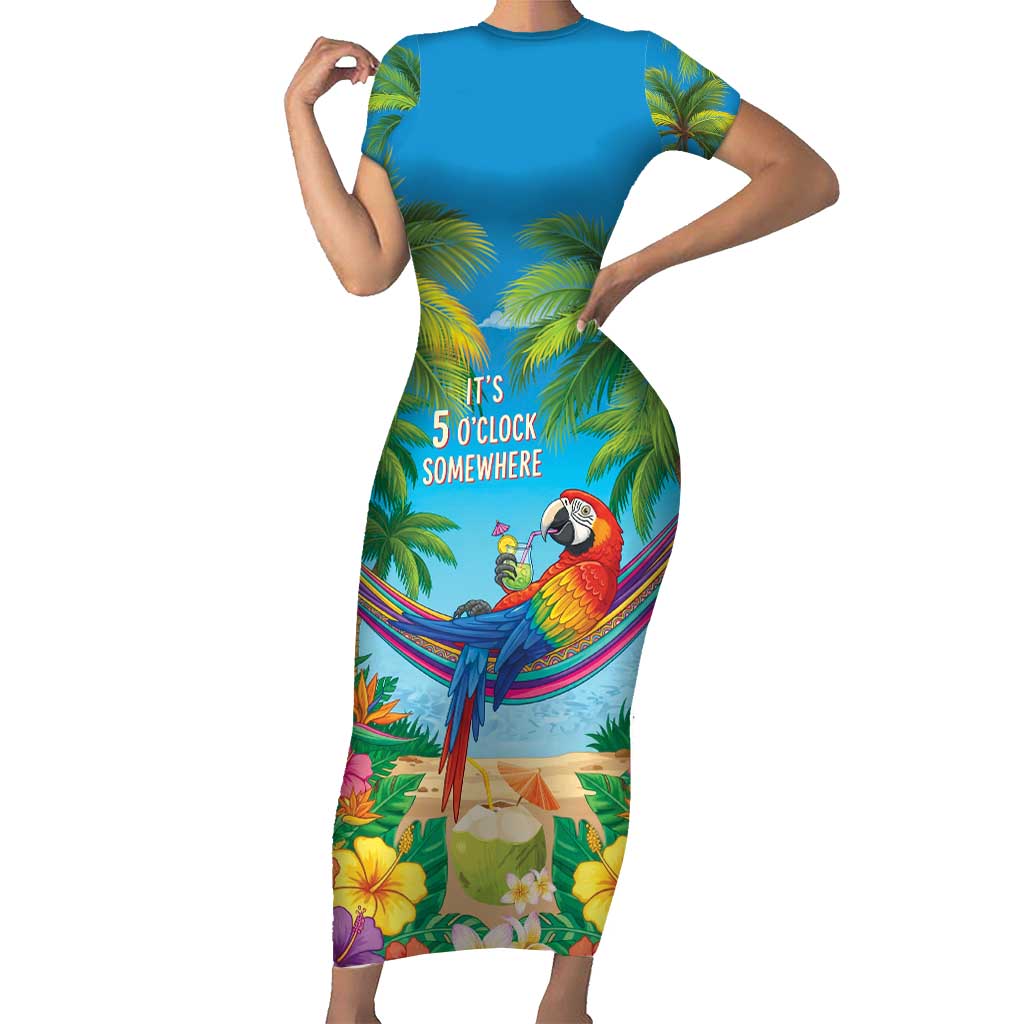 5 Oclock Somewhere Short Sleeve Bodycon Dress Hawaii Parrots Cocktail Summer Beach Vibe - Polynesian Pride