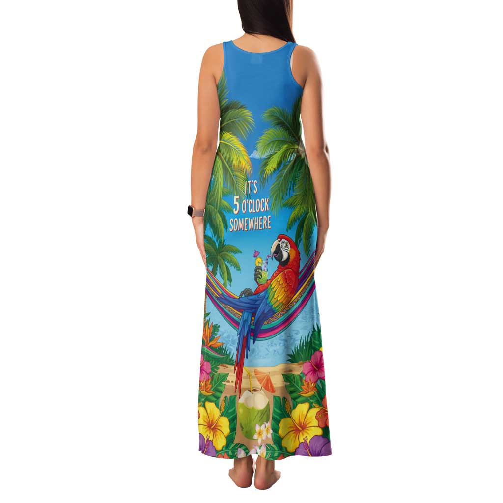 5 Oclock Somewhere Tank Maxi Dress Hawaii Parrots Cocktail Summer Beach Vibe - Polynesian Pride