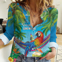 5 Oclock Somewhere Women Casual Shirt Hawaii Parrots Cocktail Summer Beach Vibe - Polynesian Pride