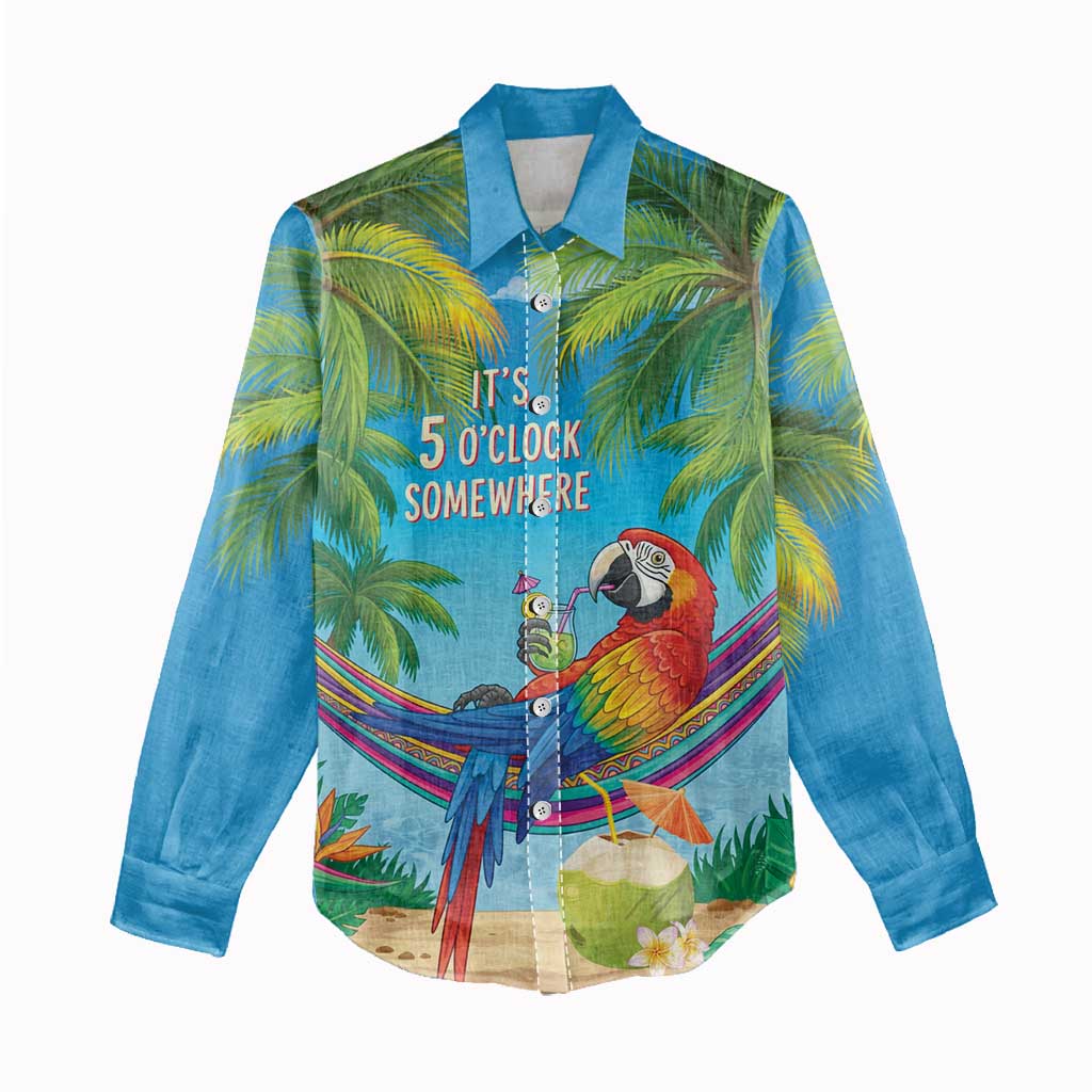 5 Oclock Somewhere Women Casual Shirt Hawaii Parrots Cocktail Summer Beach Vibe - Polynesian Pride