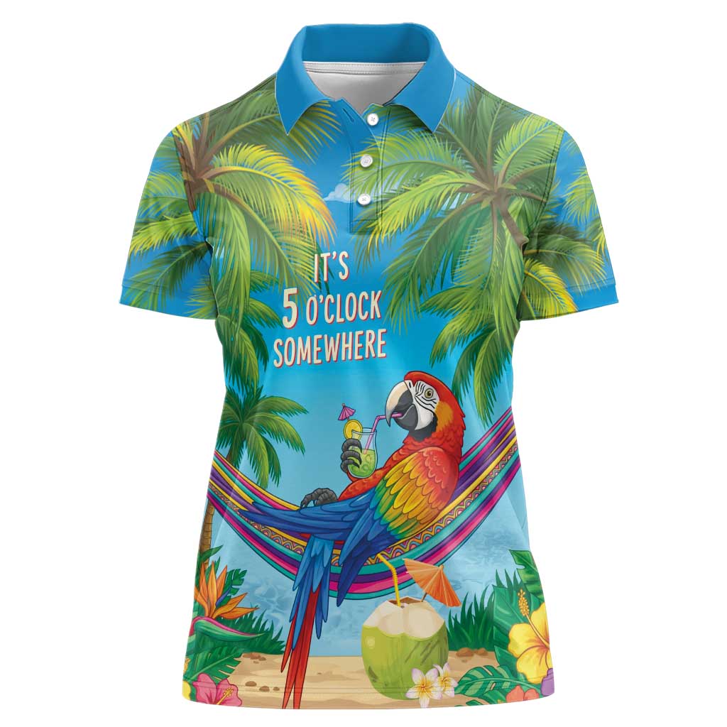 5 Oclock Somewhere Women Polo Shirt Hawaii Parrots Cocktail Summer Beach Vibe - Polynesian Pride