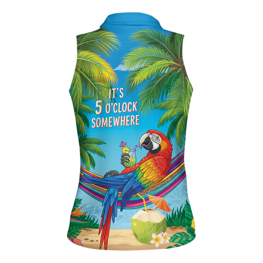 5 Oclock Somewhere Women Sleeveless Polo Shirt Hawaii Parrots Cocktail Summer Beach Vibe - Polynesian Pride