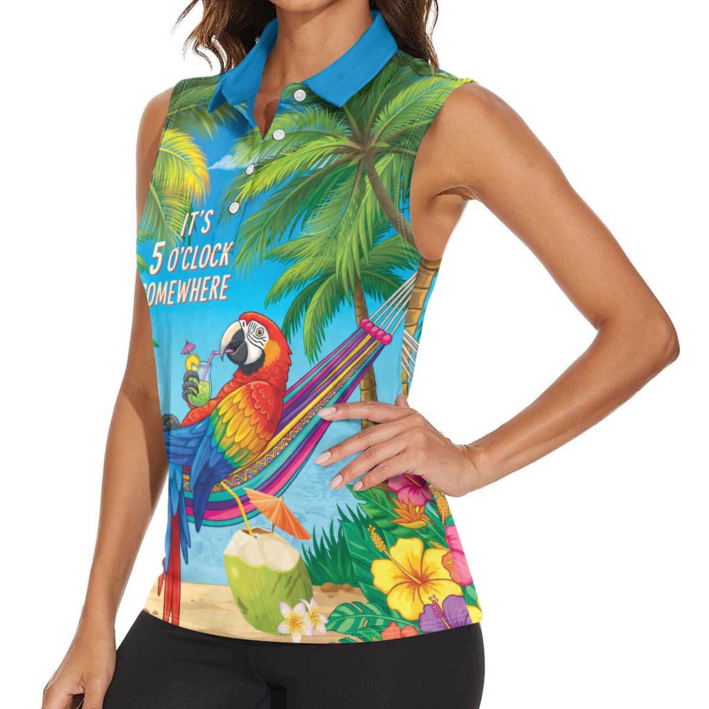 5 Oclock Somewhere Women Sleeveless Polo Shirt Hawaii Parrots Cocktail Summer Beach Vibe - Polynesian Pride