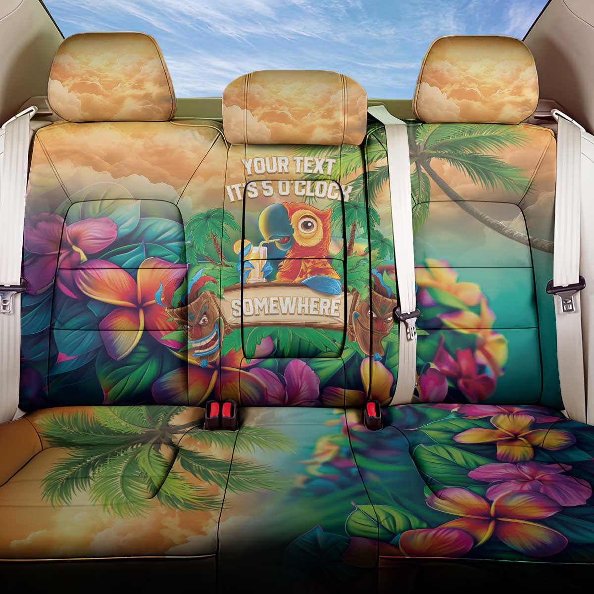 5 Oclock Somewhere Personalized Back Car Seat Cover Hawaii Parrots Plumeria Summer Vibe - Polynesian Pride