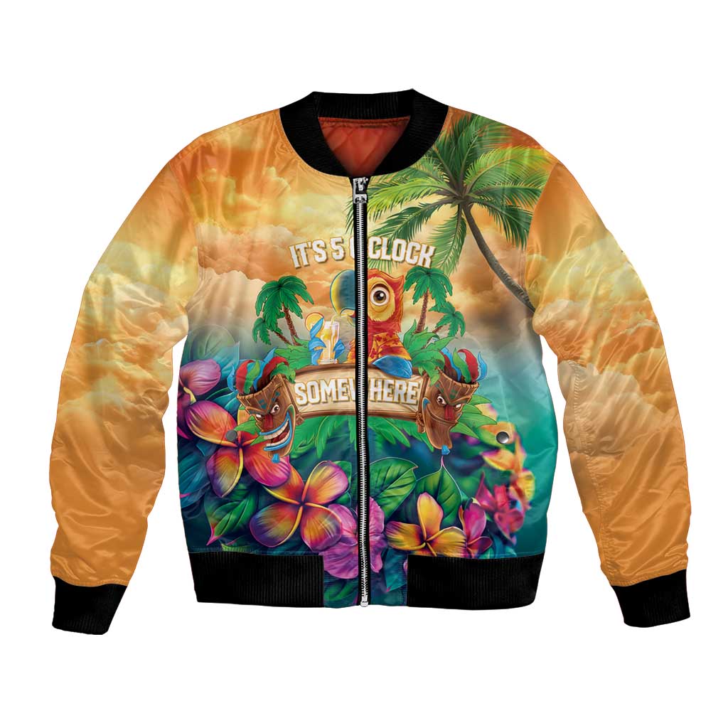 5 Oclock Somewhere Personalized Bomber Jacket Hawaii Parrots Plumeria Summer Vibe - Polynesian Pride