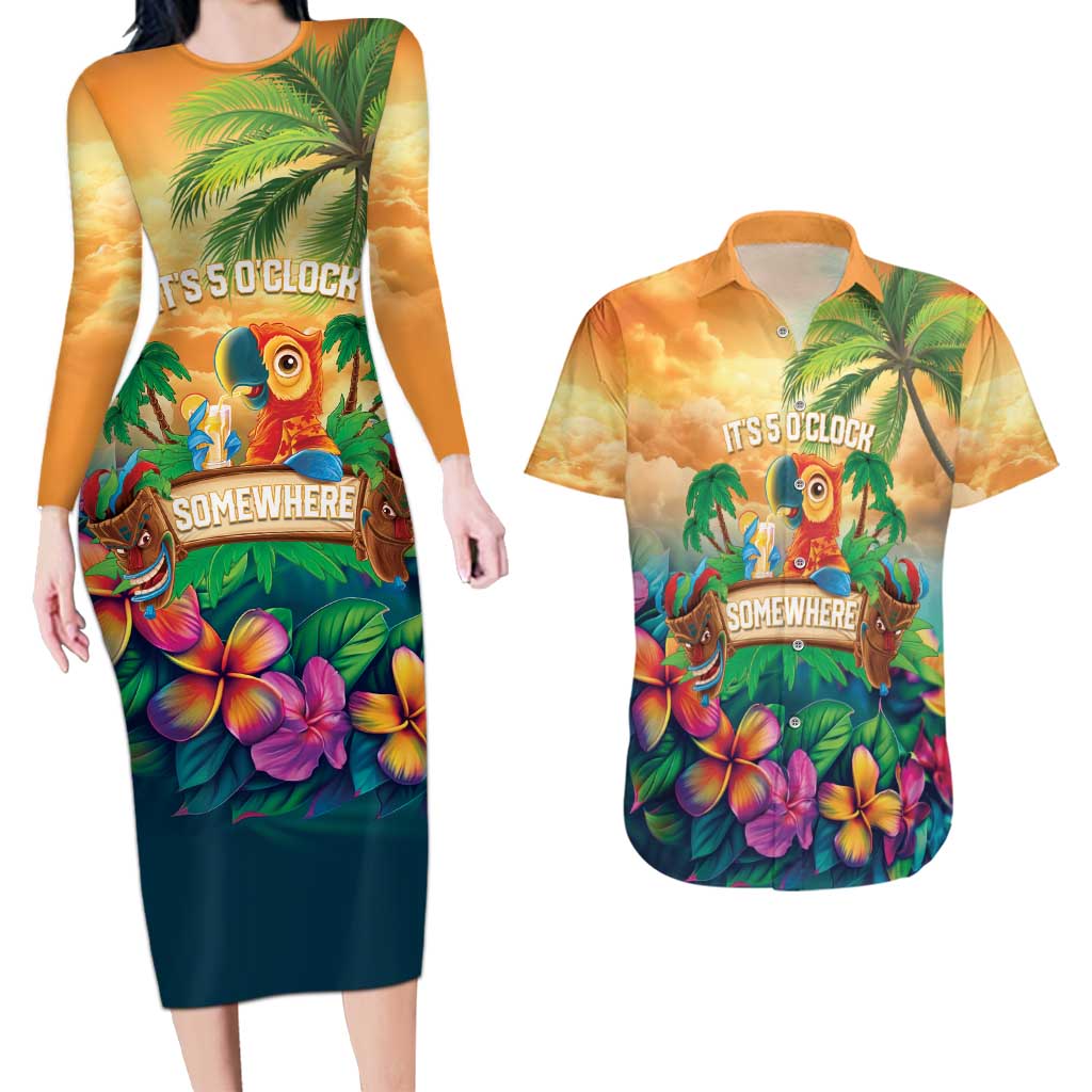 5 Oclock Somewhere Personalized Couples Matching Long Sleeve Bodycon Dress and Hawaiian Shirt Hawaii Parrots Plumeria Summer Vibe - Polynesian Pride