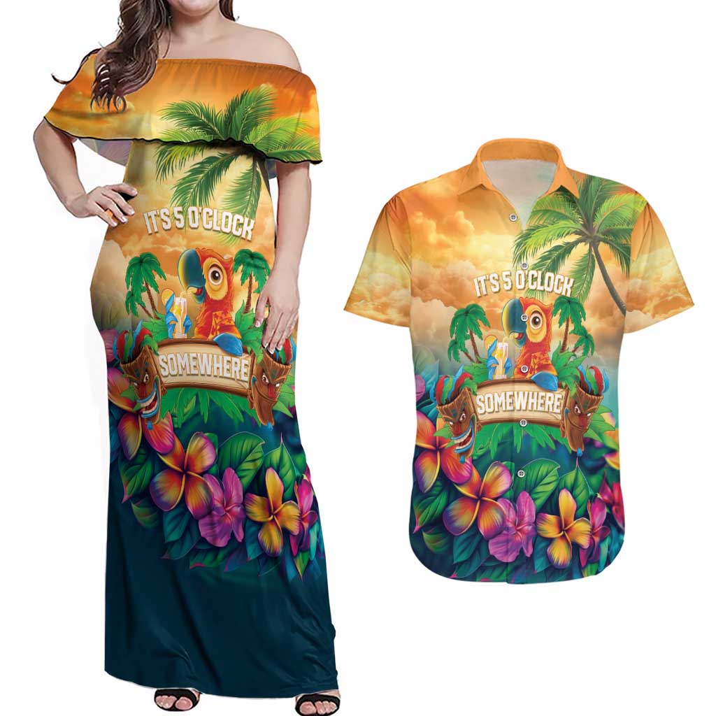 5 Oclock Somewhere Personalized Couples Matching Off Shoulder Maxi Dress and Hawaiian Shirt Hawaii Parrots Plumeria Summer Vibe - Polynesian Pride