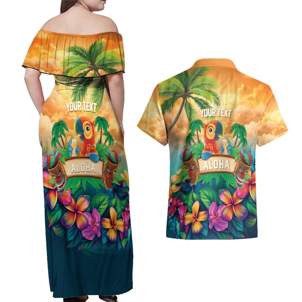 5 Oclock Somewhere Personalized Couples Matching Off Shoulder Maxi Dress and Hawaiian Shirt Hawaii Parrots Plumeria Summer Vibe - Polynesian Pride