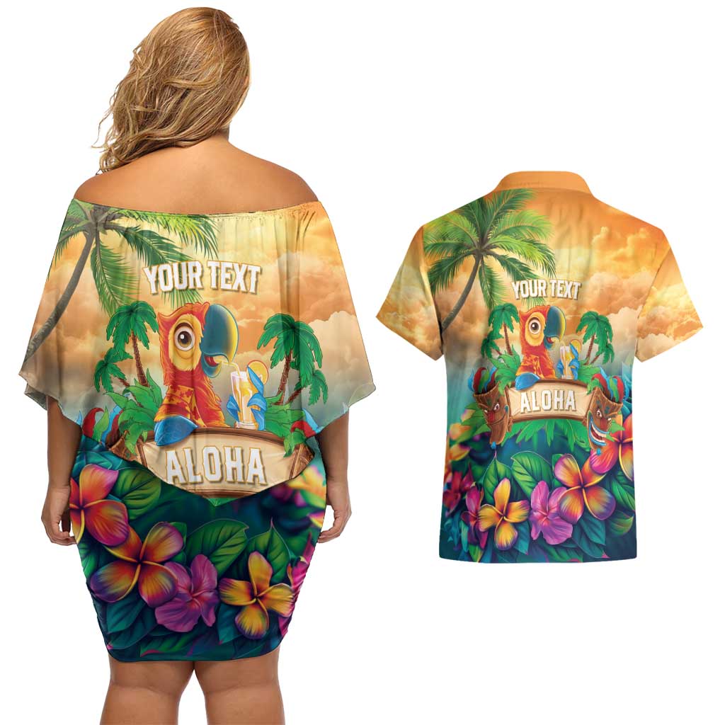 5 Oclock Somewhere Personalized Couples Matching Off Shoulder Short Dress and Hawaiian Shirt Hawaii Parrots Plumeria Summer Vibe - Polynesian Pride
