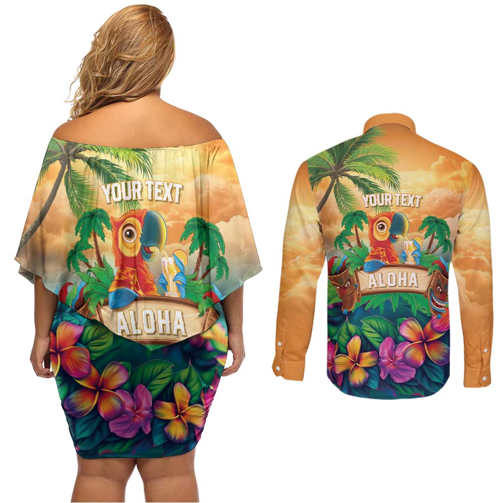 5 Oclock Somewhere Personalized Couples Matching Off Shoulder Short Dress and Long Sleeve Button Shirt Hawaii Parrots Plumeria Summer Vibe LT9 - Polynesian Pride
