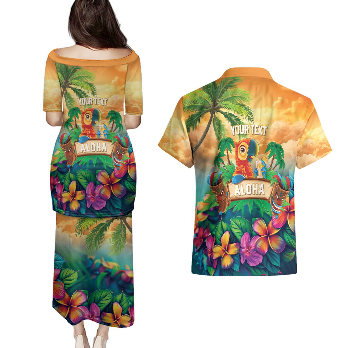 5 Oclock Somewhere Personalized Couples Matching Puletasi and Hawaiian Shirt Hawaii Parrots Plumeria Summer Vibe - Polynesian Pride