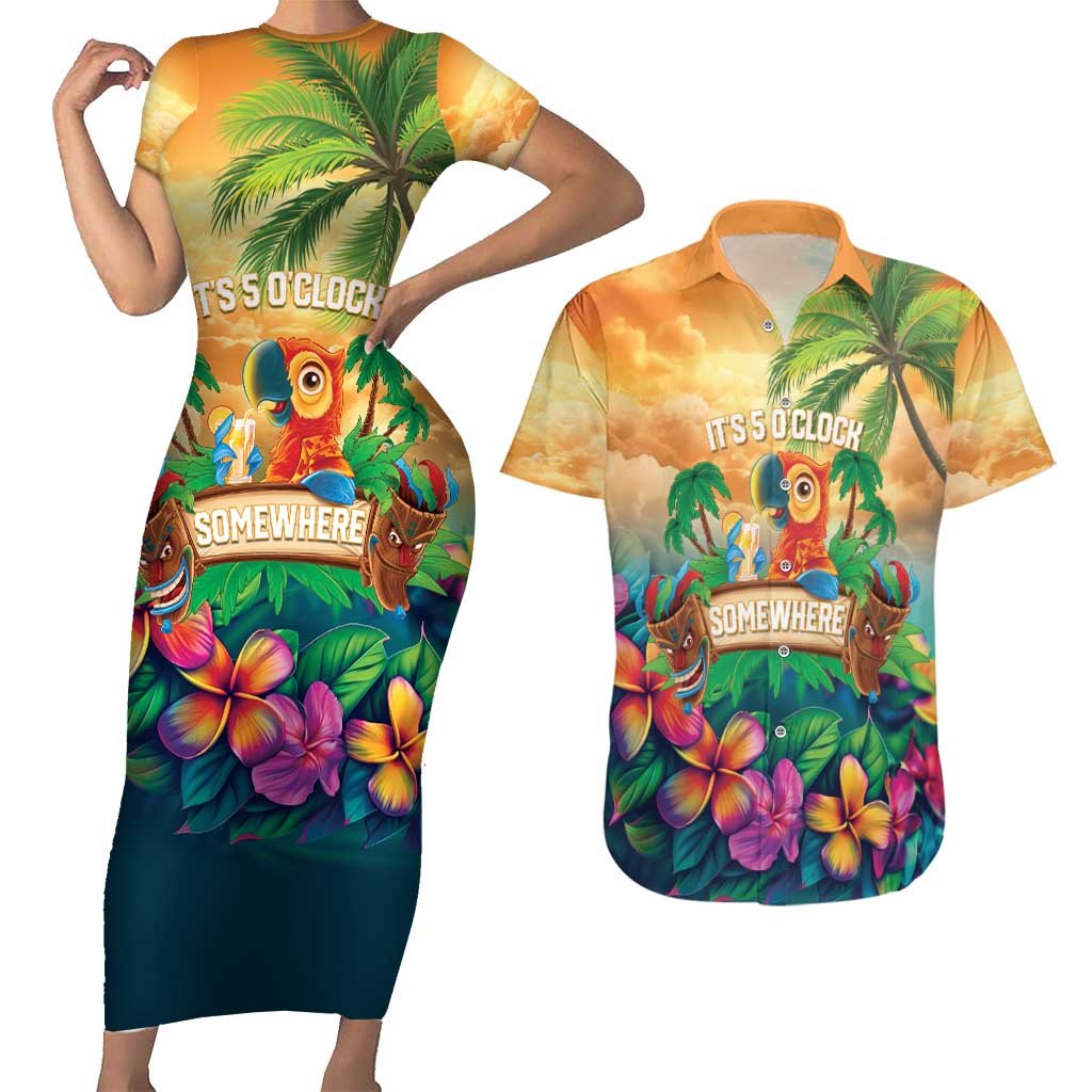 5 Oclock Somewhere Personalized Couples Matching Short Sleeve Bodycon Dress and Hawaiian Shirt Hawaii Parrots Plumeria Summer Vibe - Polynesian Pride