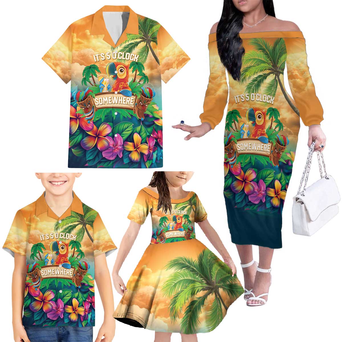 5 Oclock Somewhere Personalized Family Matching Off The Shoulder Long Sleeve Dress and Hawaiian Shirt Hawaii Parrots Plumeria Summer Vibe - Polynesian Pride
