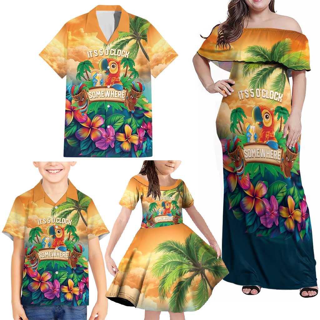 5 Oclock Somewhere Personalized Family Matching Off Shoulder Maxi Dress and Hawaiian Shirt Hawaii Parrots Plumeria Summer Vibe - Polynesian Pride