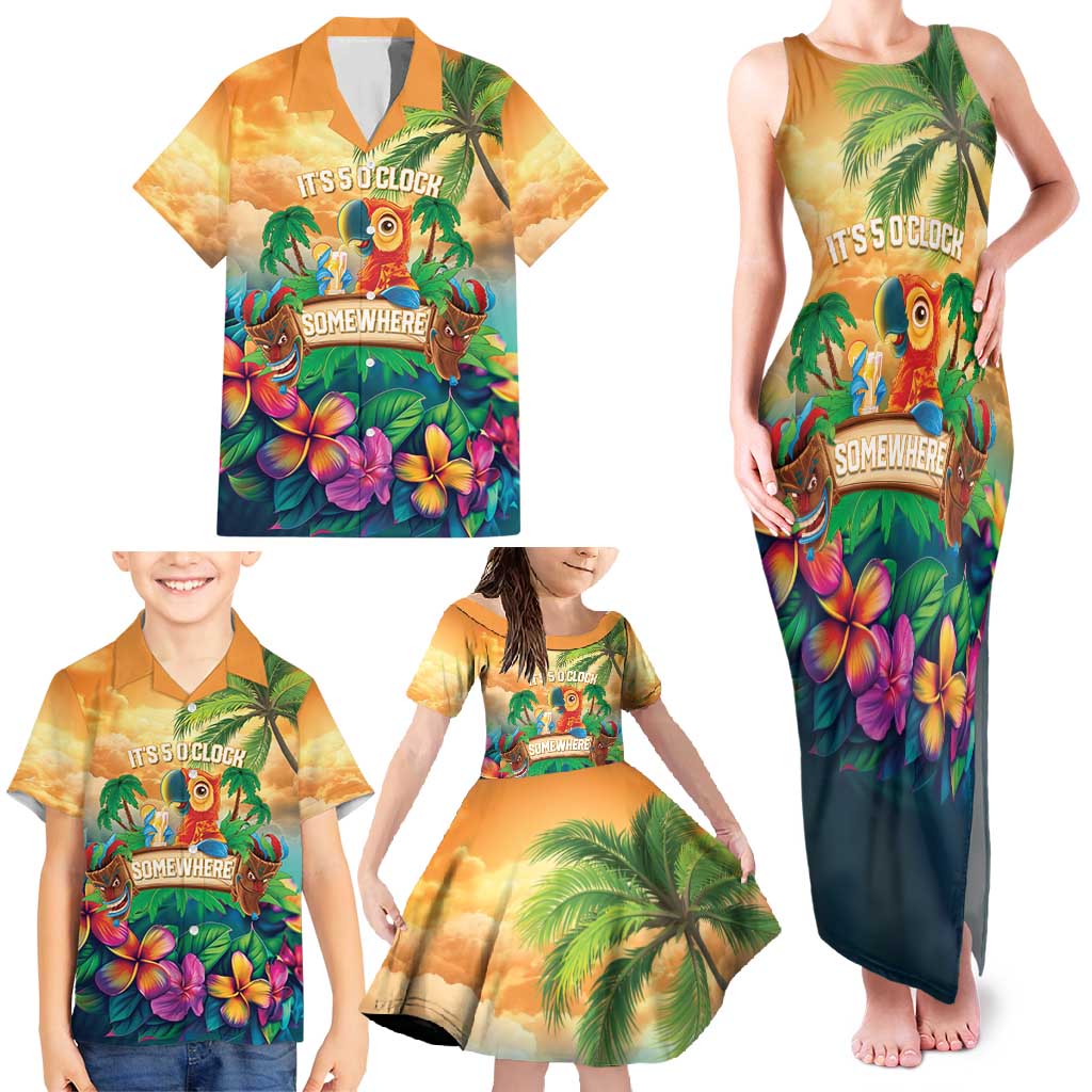 5 Oclock Somewhere Personalized Family Matching Tank Maxi Dress and Hawaiian Shirt Hawaii Parrots Plumeria Summer Vibe - Polynesian Pride