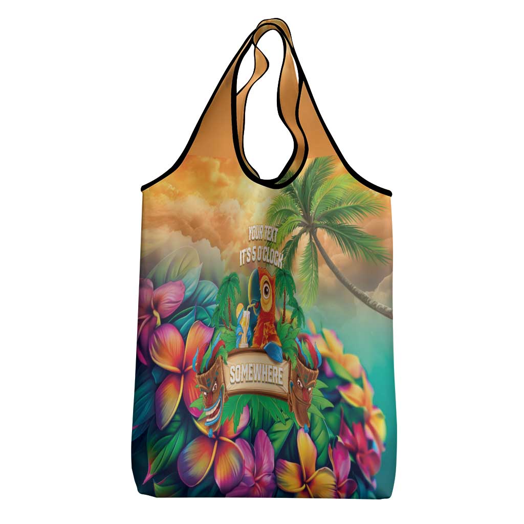 5 Oclock Somewhere Personalized Grocery Bag Hawaii Parrots Plumeria Summer Vibe - Polynesian Pride