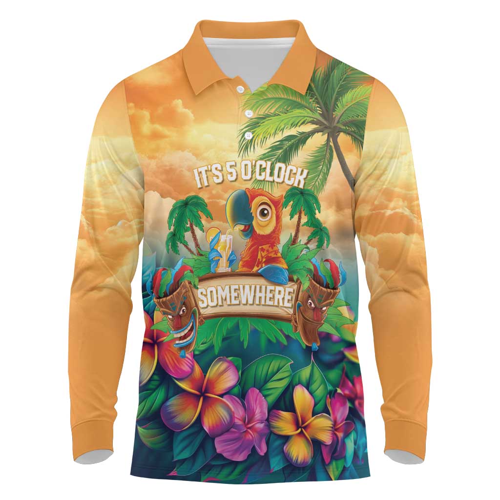 5 Oclock Somewhere Personalized Long Sleeve Polo Shirt Hawaii Parrots Plumeria Summer Vibe - Polynesian Pride