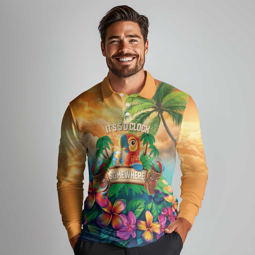 5 Oclock Somewhere Personalized Long Sleeve Polo Shirt Hawaii Parrots Plumeria Summer Vibe - Polynesian Pride