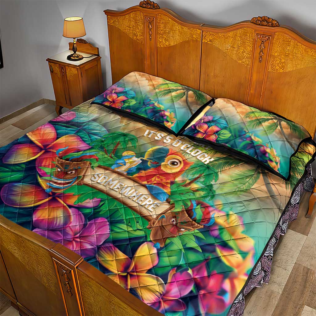 5 Oclock Somewhere Personalized Quilt Bed Set Hawaii Parrots Plumeria Summer Vibe - Polynesian Pride