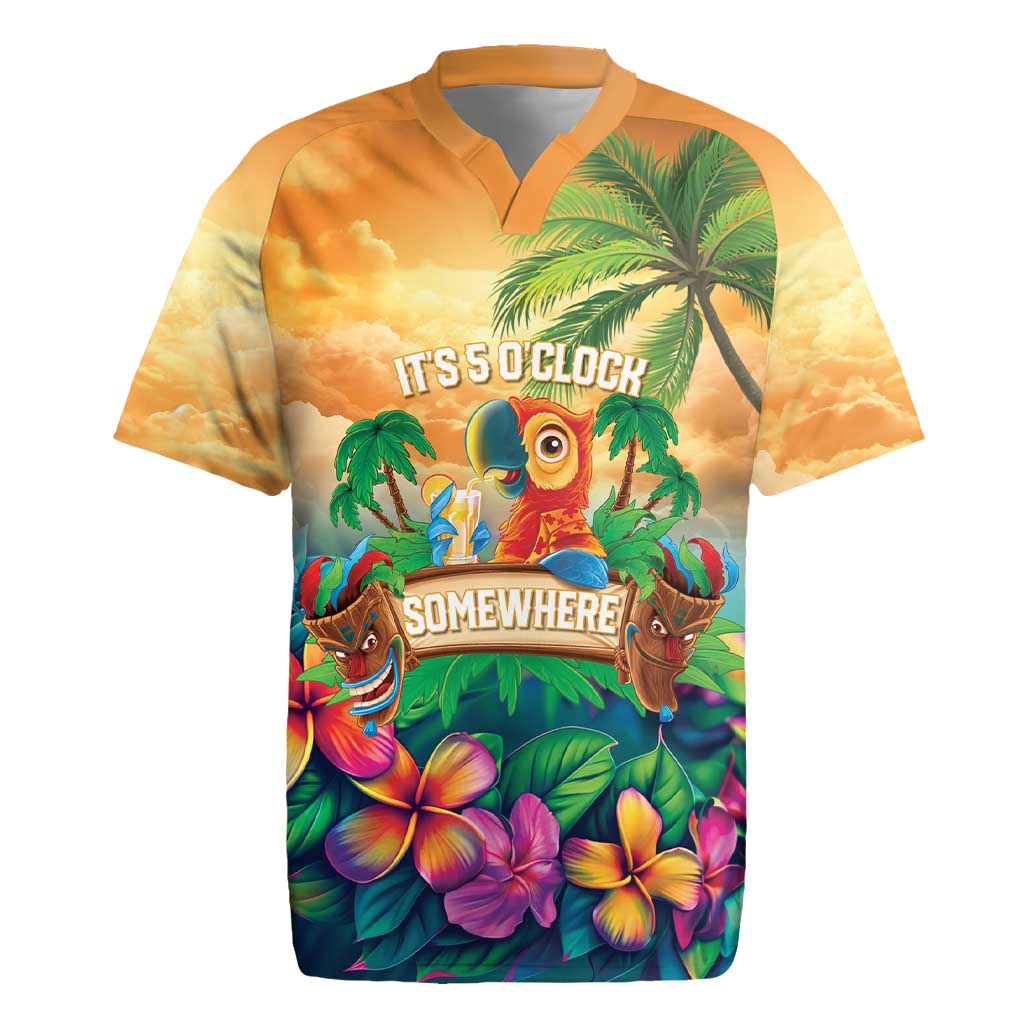 5 Oclock Somewhere Personalized Rugby Jersey Hawaii Parrots Plumeria Summer Vibe - Polynesian Pride